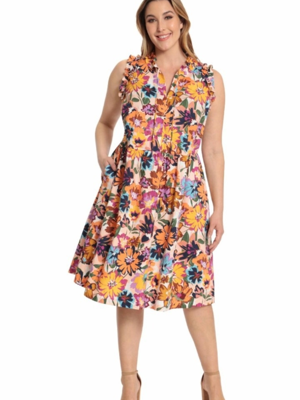 Maggy London Peach Floral Ruffle-Trim Sleeveless Midi Dress Sz 2 Women's